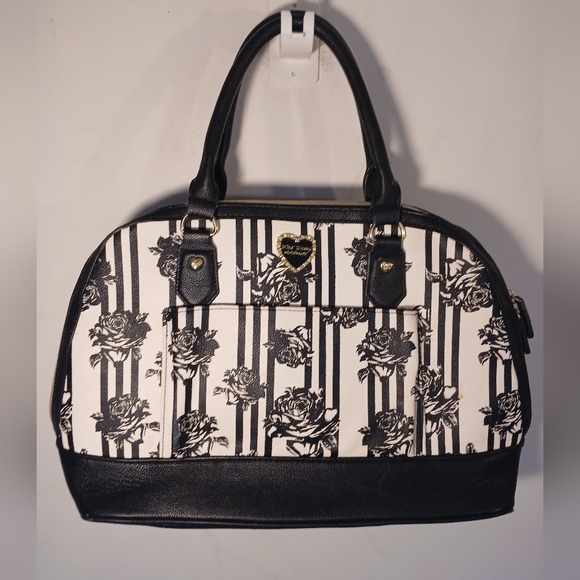 Betsey Johnson Handbags - Betsey Johnson Black and White Striped Floral Satchel